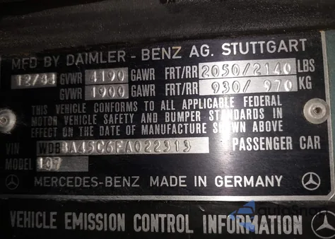 1985 Mercedes-Benz 380 Sl из США, поврежденный, VIN WDBBA45C6FA022313